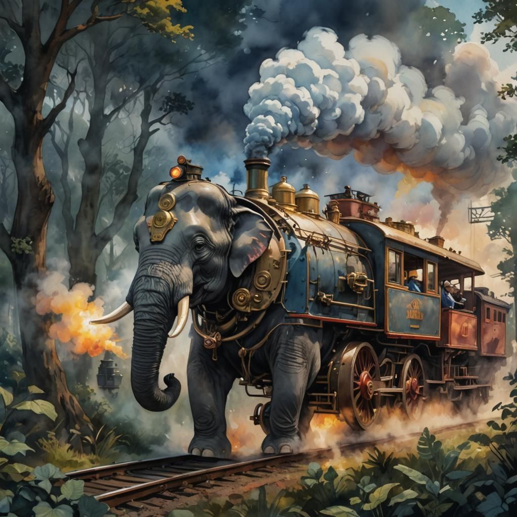 Elephant Farting Steam, Whimsical Watercolor Illustration