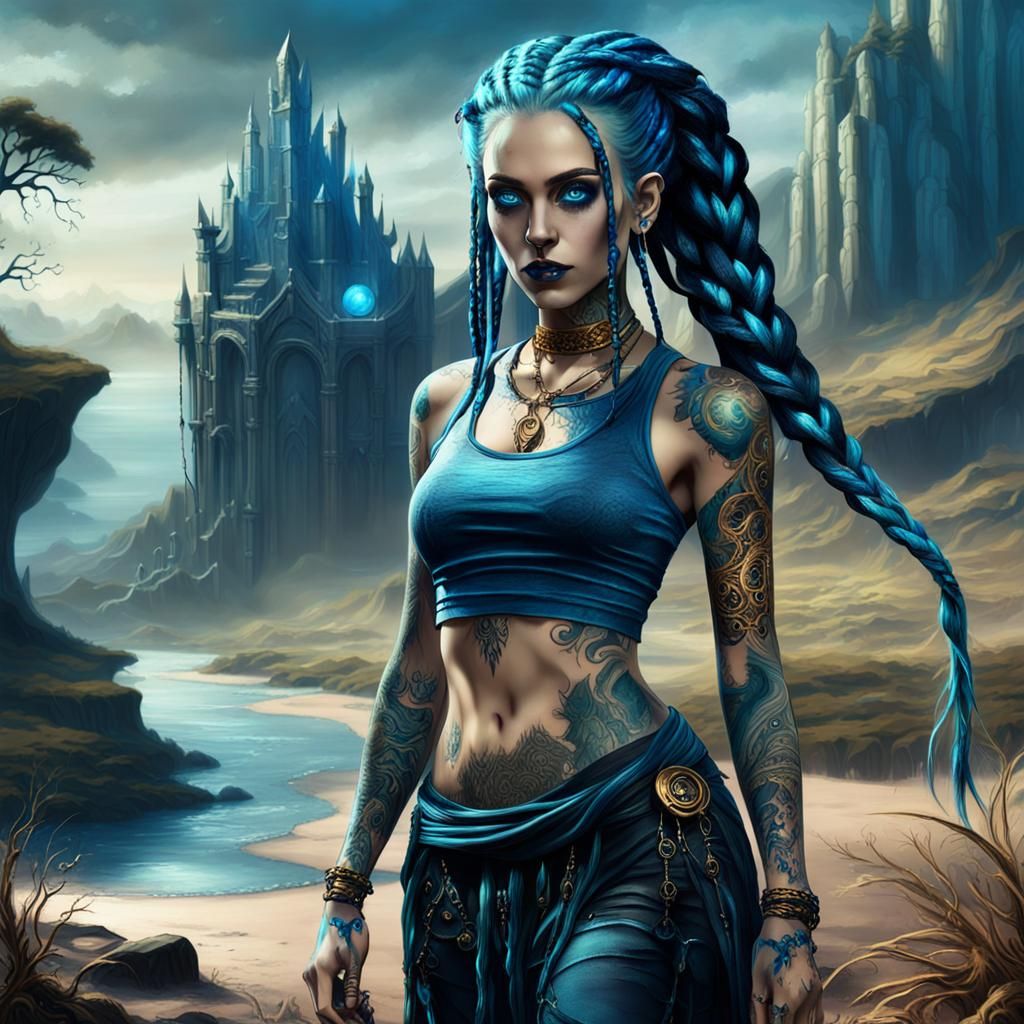 Eerie Gothic Fantasy Girl with Blue Hair