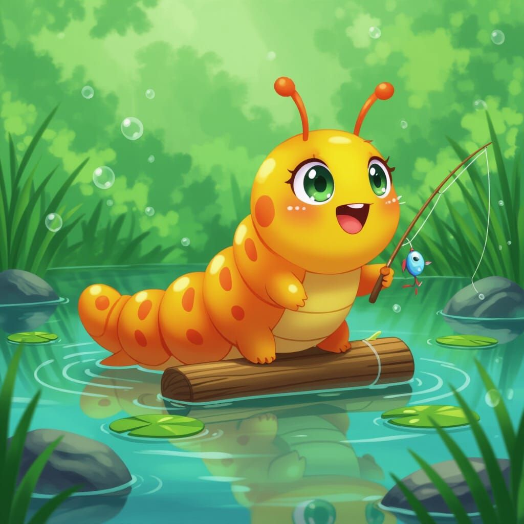 Excited Caterpillar Fishing: Cute Kawaii Anime Style