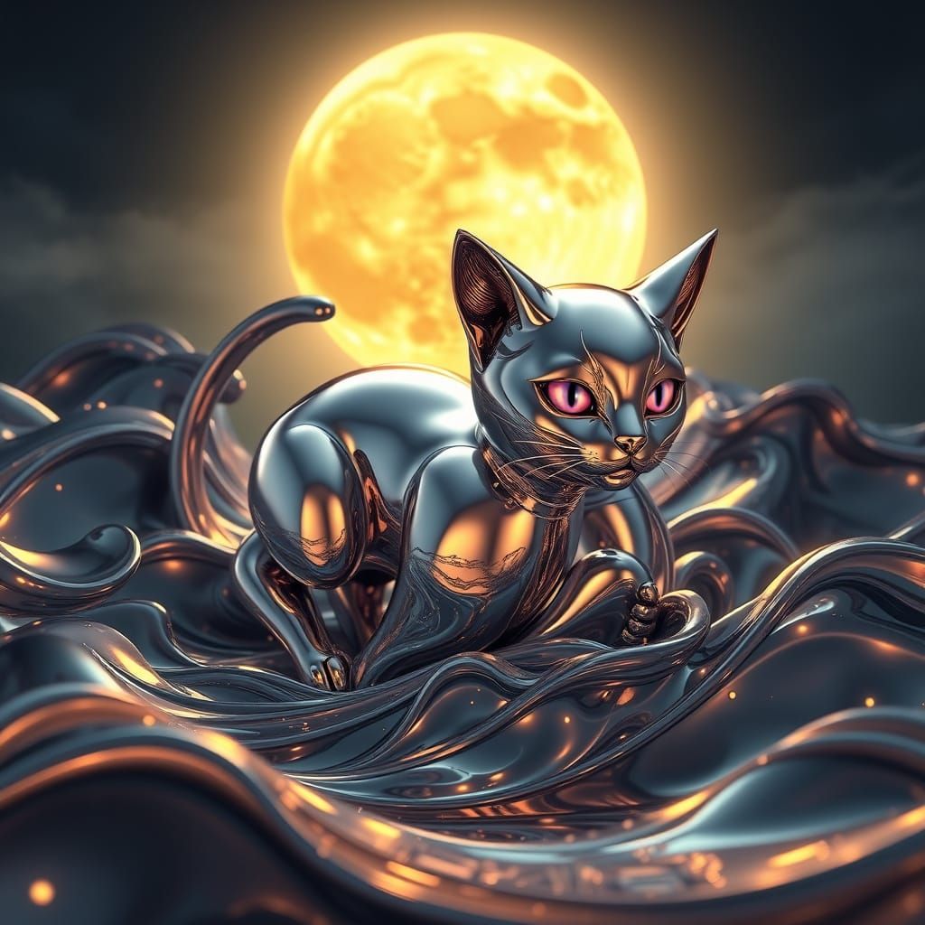 Glowing Liquid Metal Cat Under Golden Moon