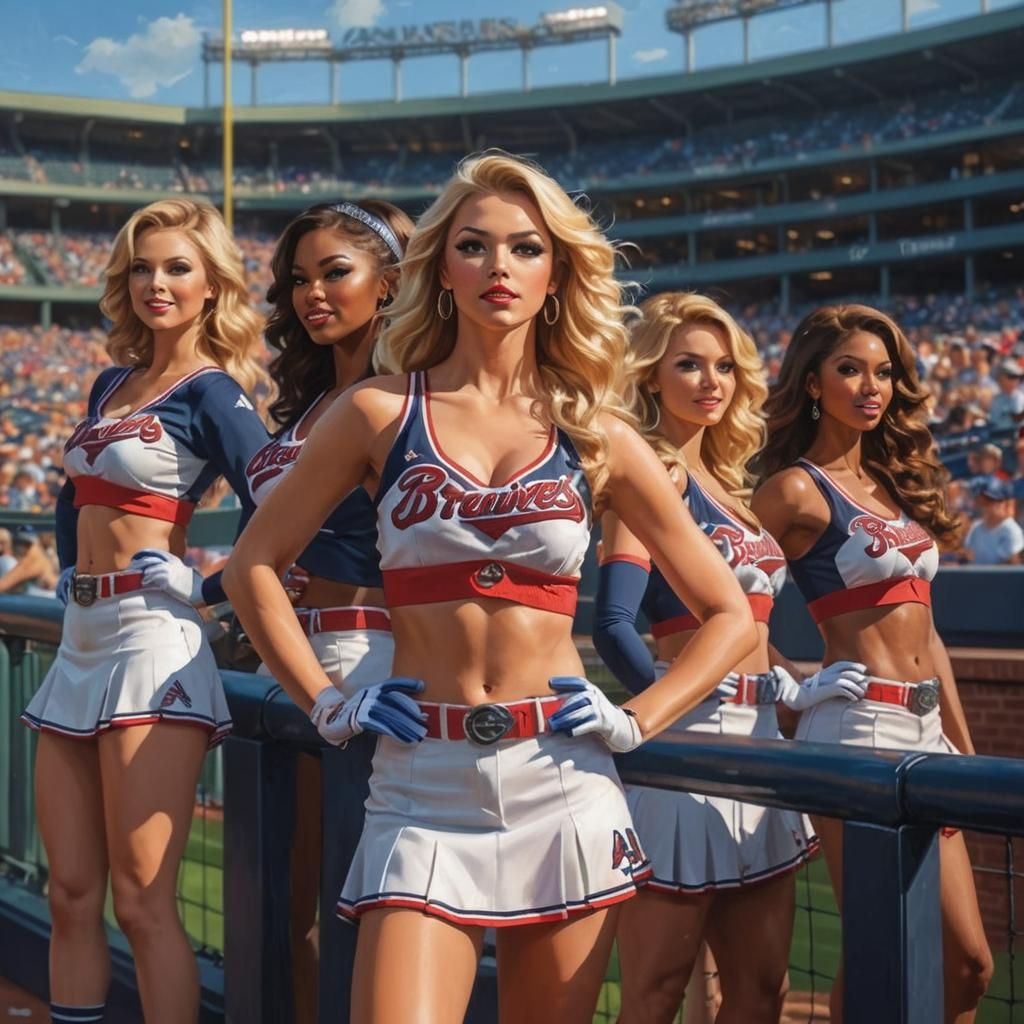 New Atlanta Braves cheerleaders entertaining a baseball crowd in the Truist Park stadium