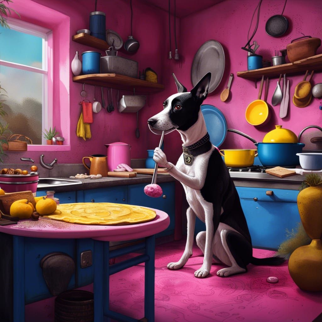 Dog Chef Creates Blue Pancake in Pink Kitchen