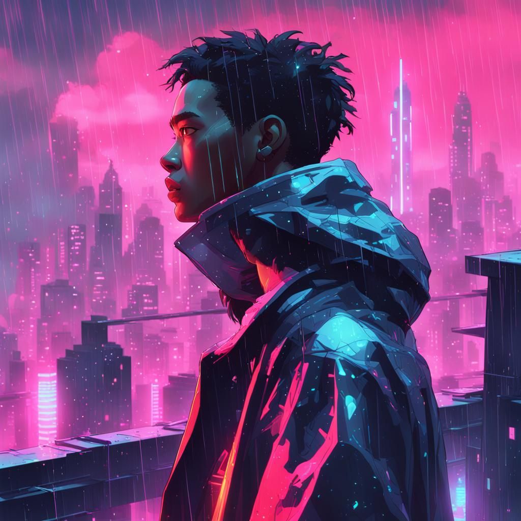 Dystopian Hologram in Neon-Soaked Cityscape