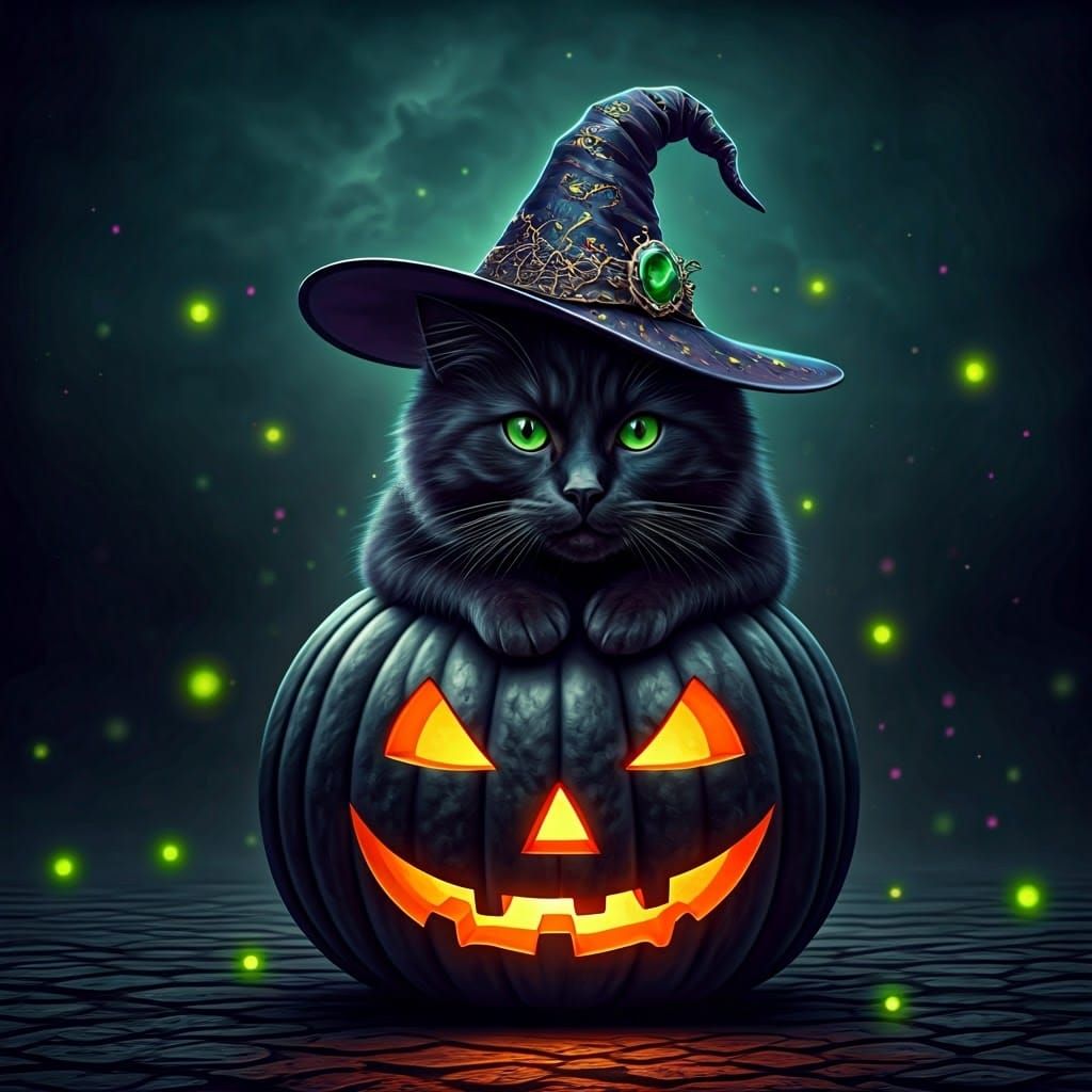Halloween Cat with Witch Hat Digital Painting