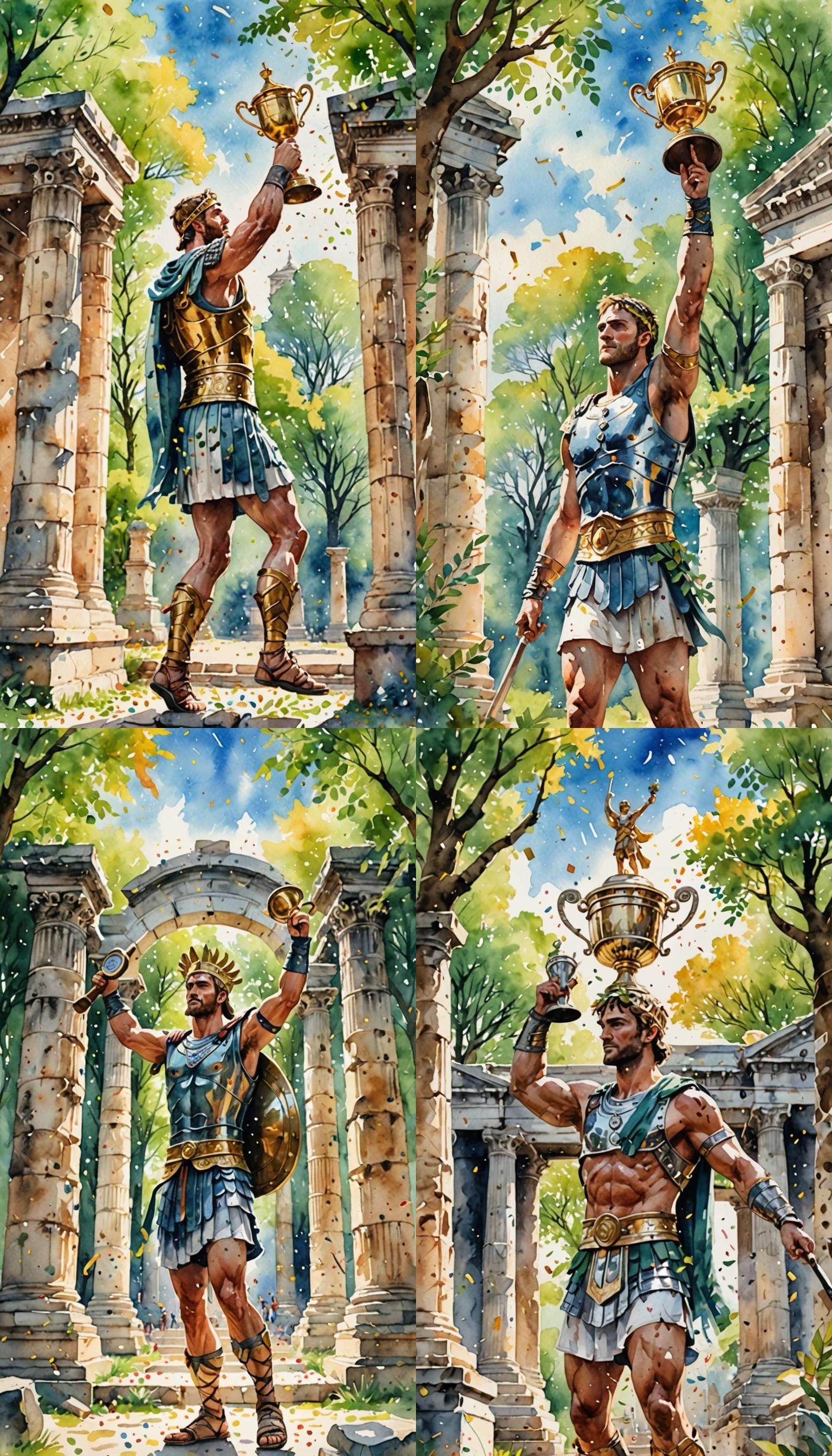 Gladiator's Triumph: Watercolor Victory in Ancient Temple