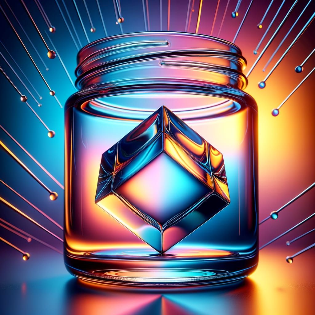Hyper-Realistic Shiny Glass Cube on Corner in Jar