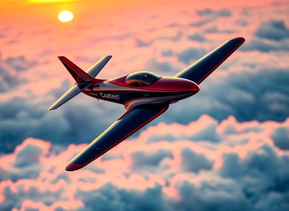 Futuristic Plane Soars Above Majestic Clouds in Vibrant Suns...