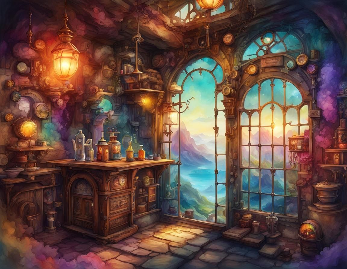 Steampunk Watercolor Peek-a-Boo with Bright Colors