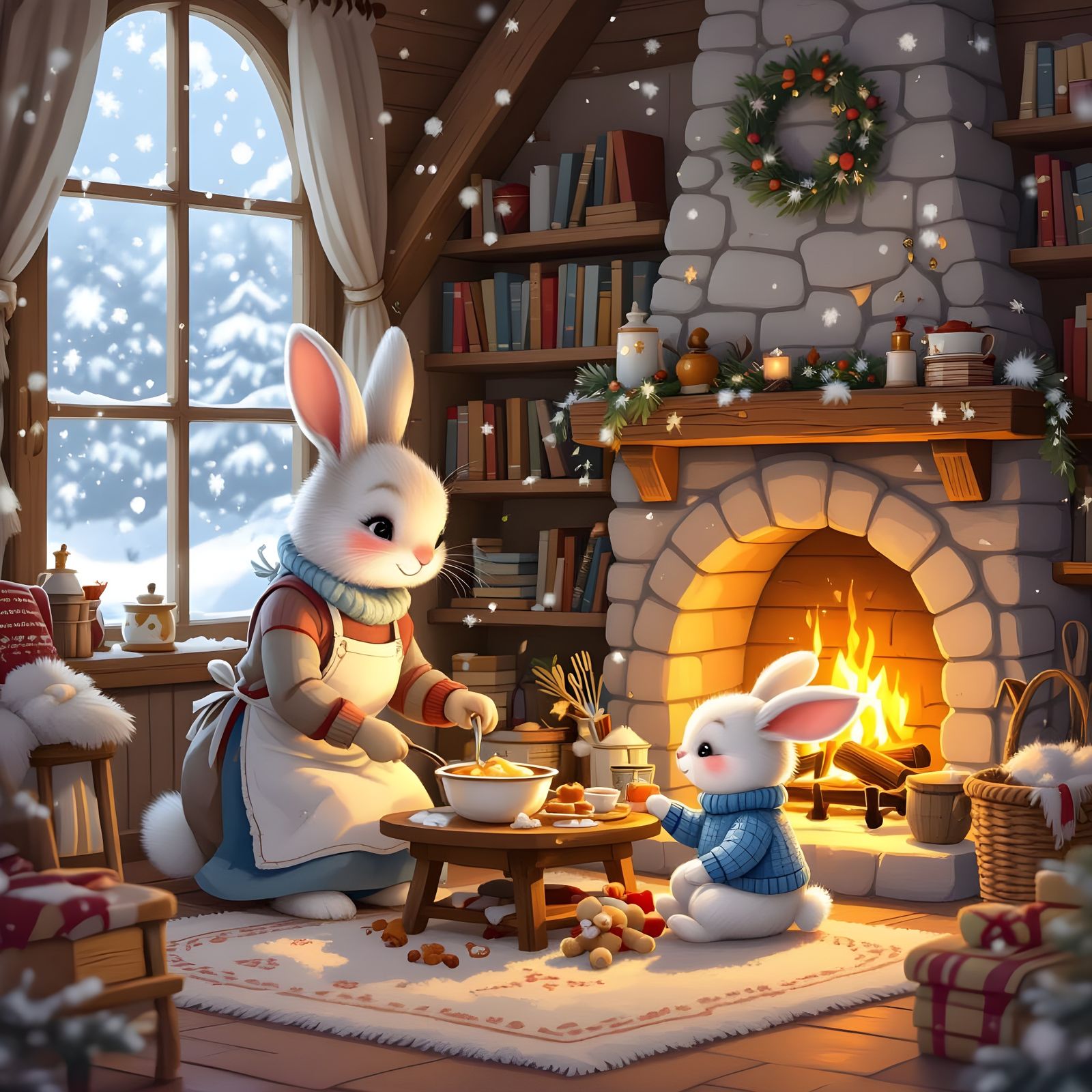 Cozy Winter Home: Mother Bunny Prepares Dinner