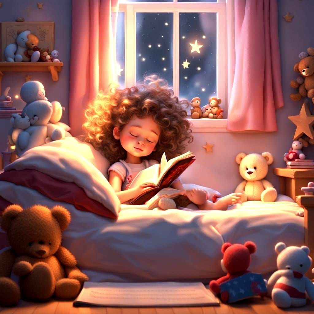 Girl Asleep in Toy-Filled Room in Disney Pixar Style
