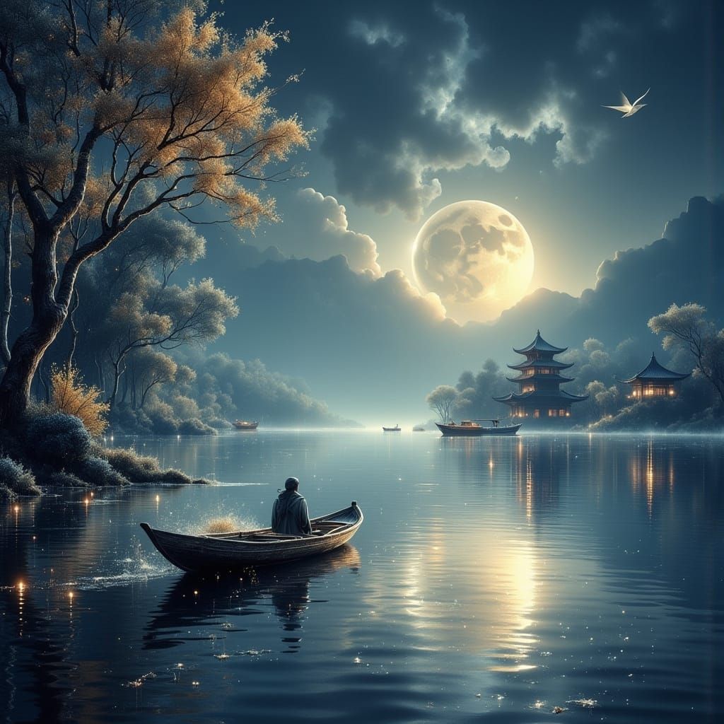 Midnight Traveler's Boat in Chinese Ink Painting Style