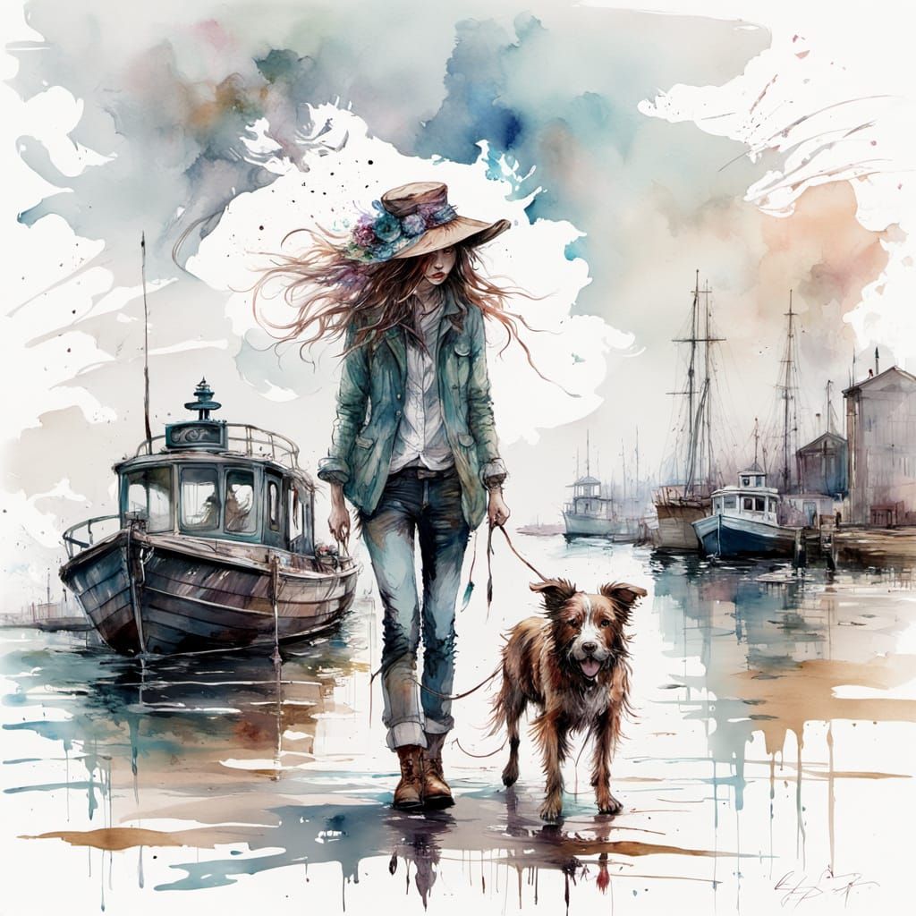 Victorian Lady Walks Dog on Windswept Dock in Watercolour St...