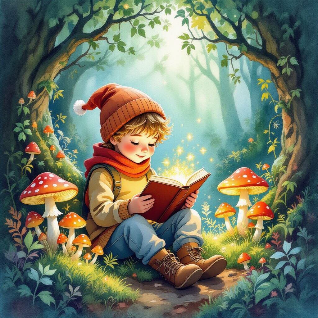 Magical Forest Canopy Reader in Watercolor Style