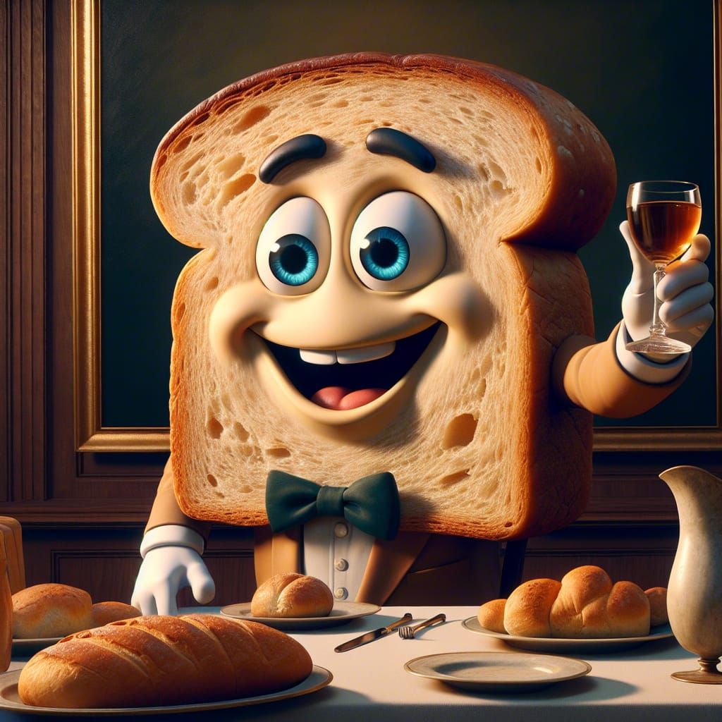 Anthropomorphic Bread Proposes a Toast: Oil Painting