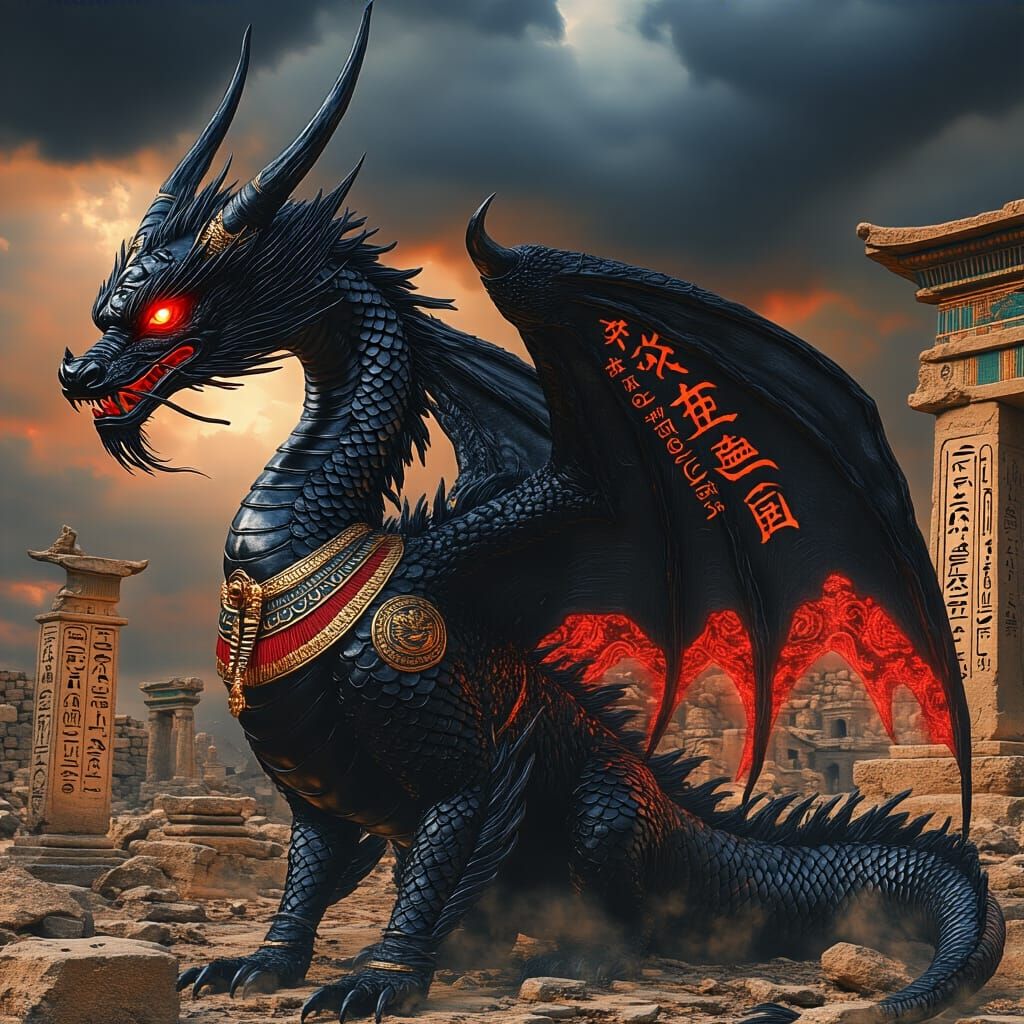 Hyper-Realistic Black Dragon with Ancient Inscriptions