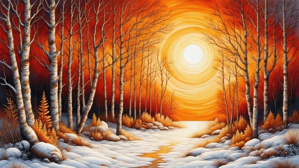 Winter Birch Forest at Sunset in Oil Paint