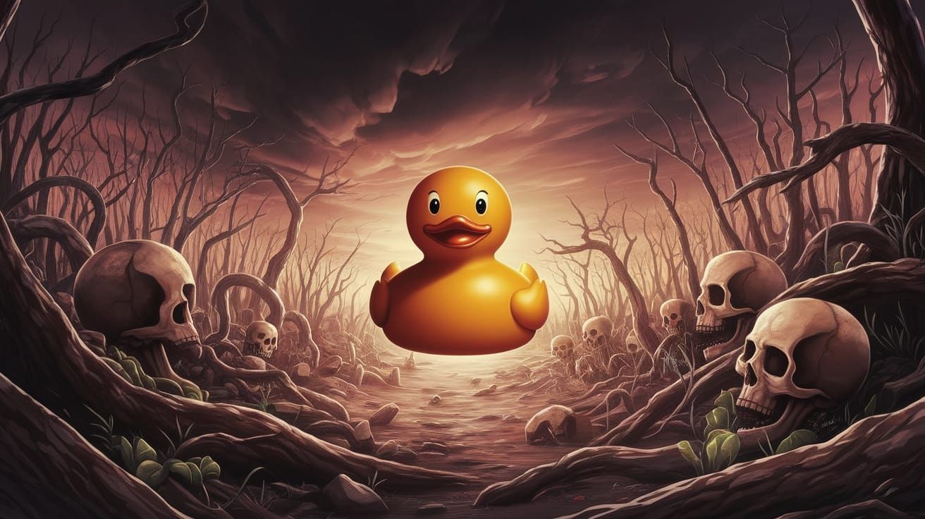 Ominous Rubber Duck on a Desolate Battlefield
