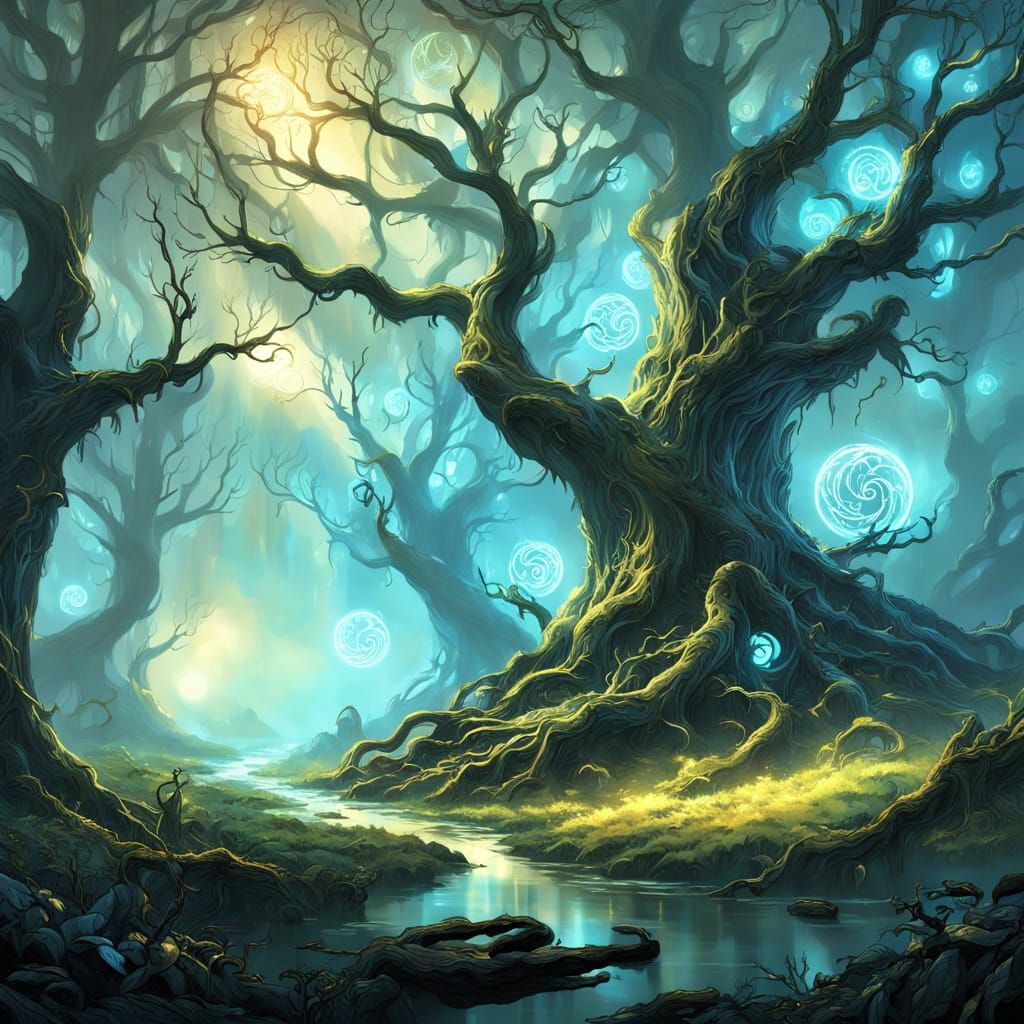Mysterious Enchanted Forest with Glowing Orbs
