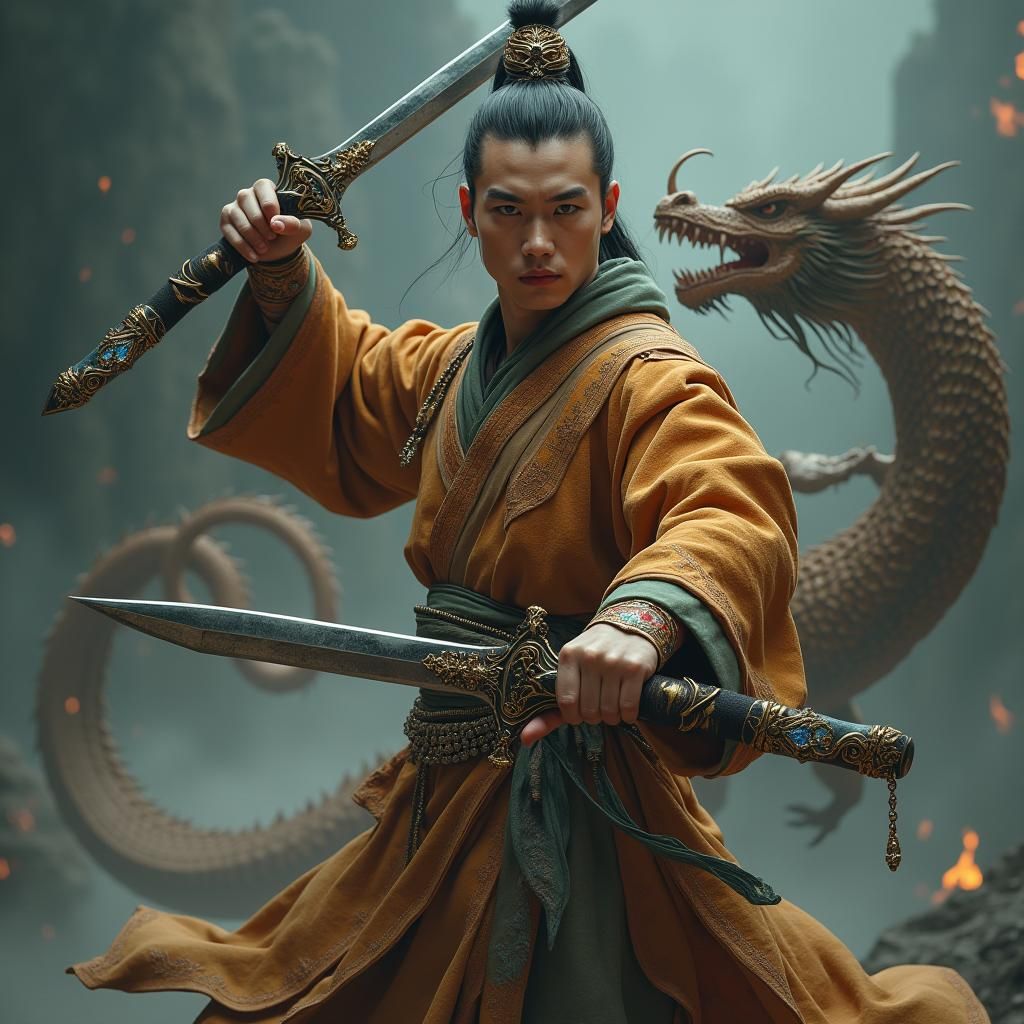 Monk with Dragon Portrait in Ash Thorp Style