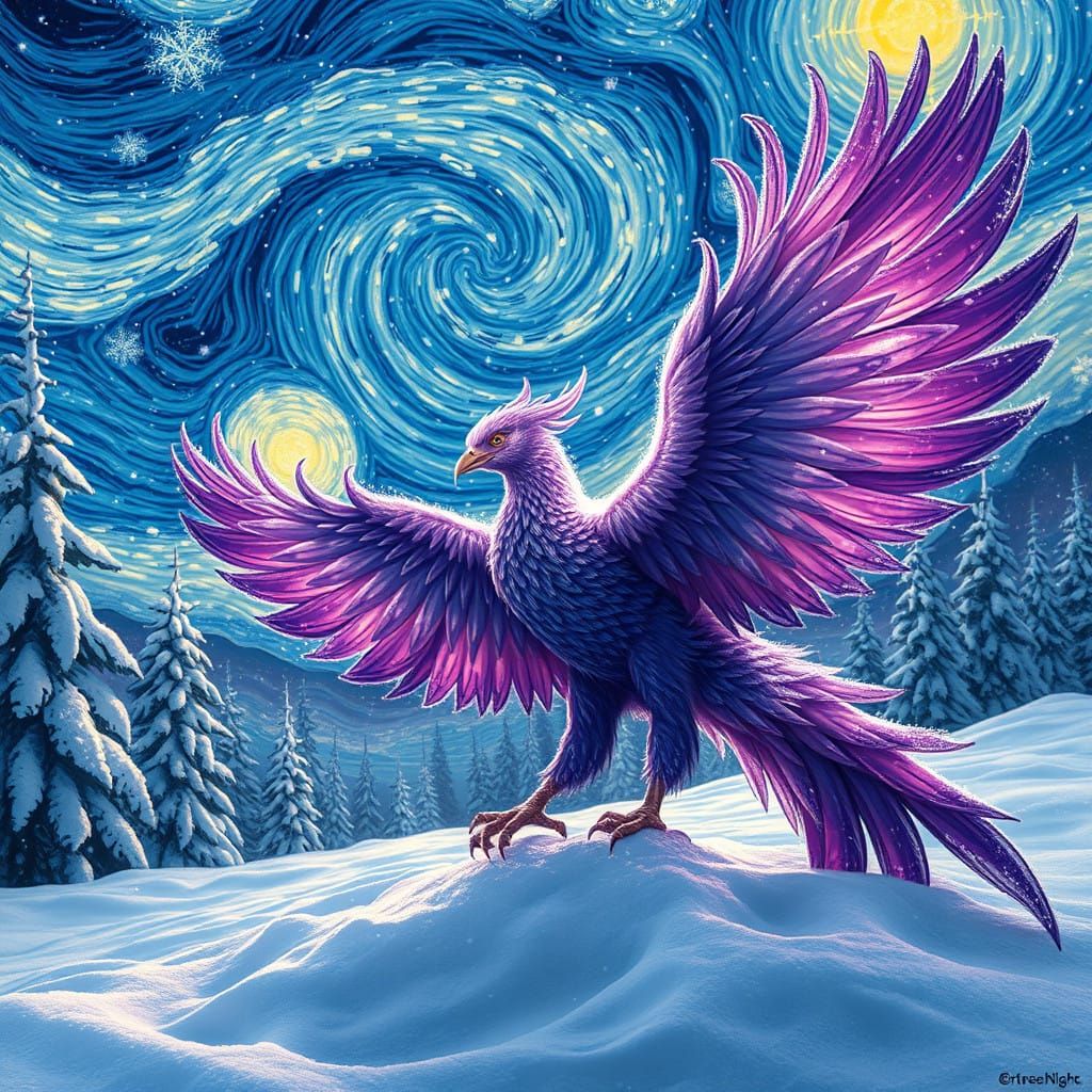 Regal Purple Phoenix Rises from Snowy Landscape in Dreamlike...