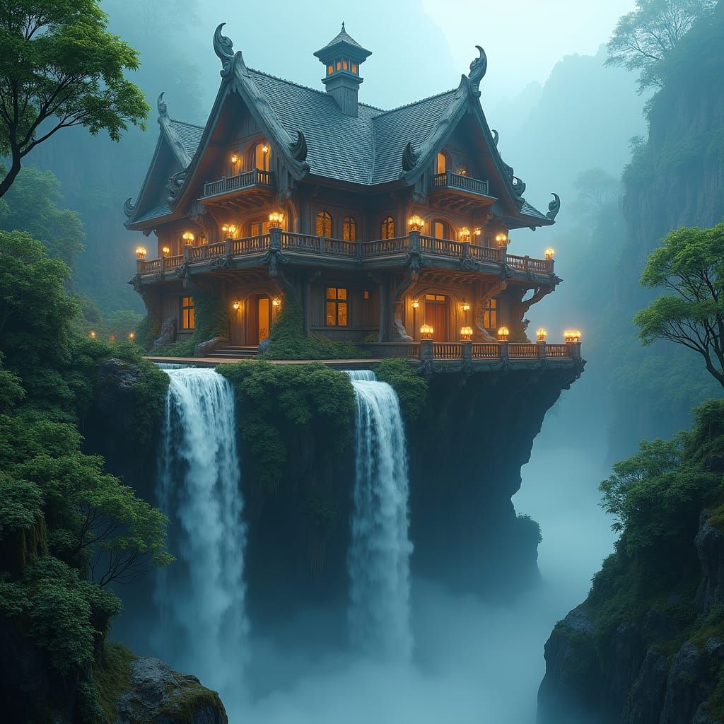 Majestic Village House on Waterfall in Fantasy Style