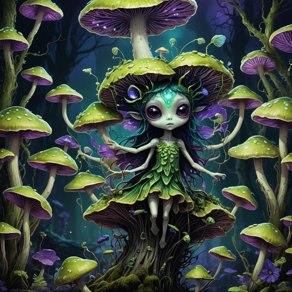 A mushroom fairy creature with large eyes