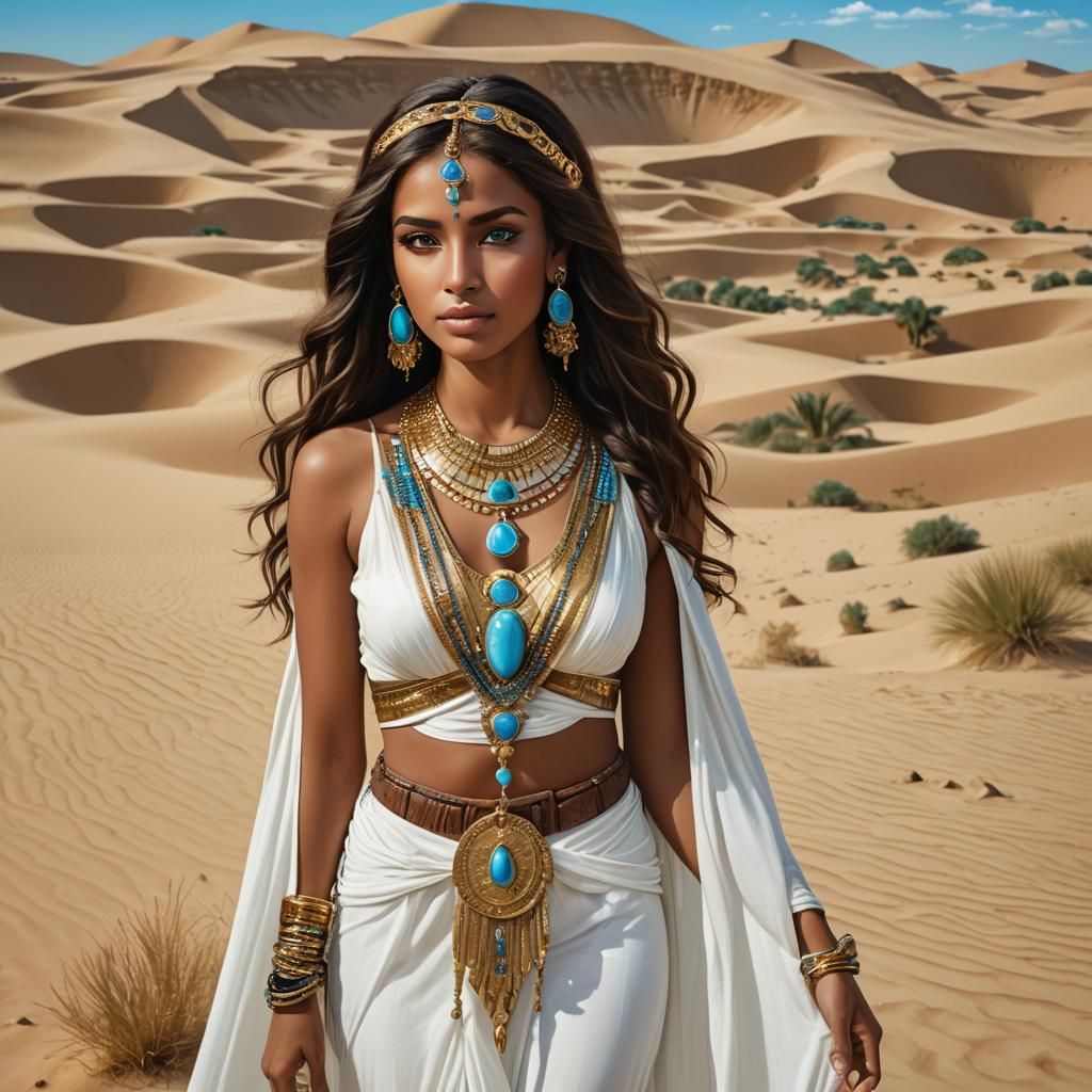 Exotic Egyptian Woman with Gold Jewelry in Desert