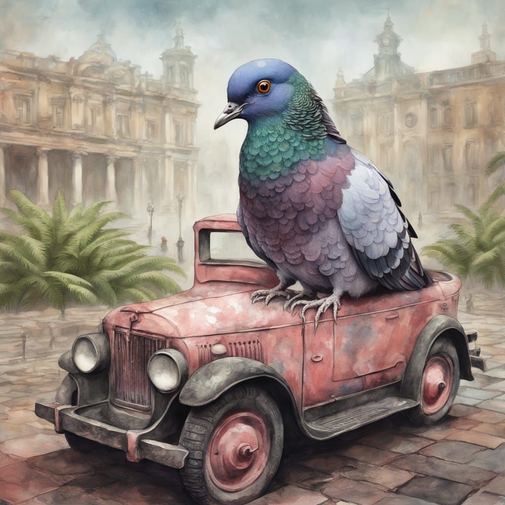 Mystical Pigeon atop Forgotten Statue in Misty City Square