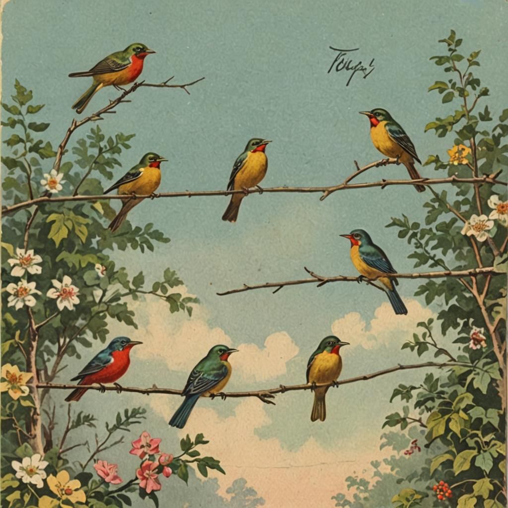 Vintage Postcard Featuring Four Calling Birds