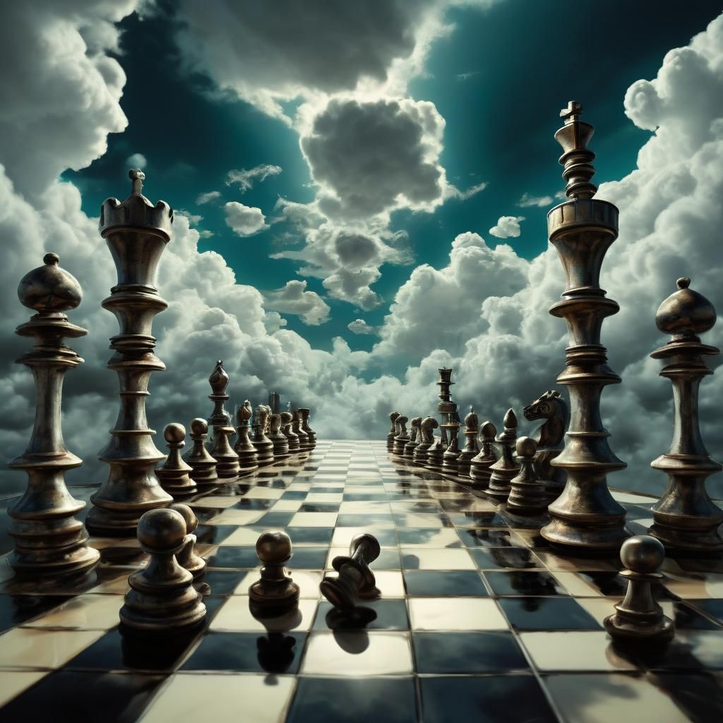 Surreal Chessboard Landscape with Floating Elements