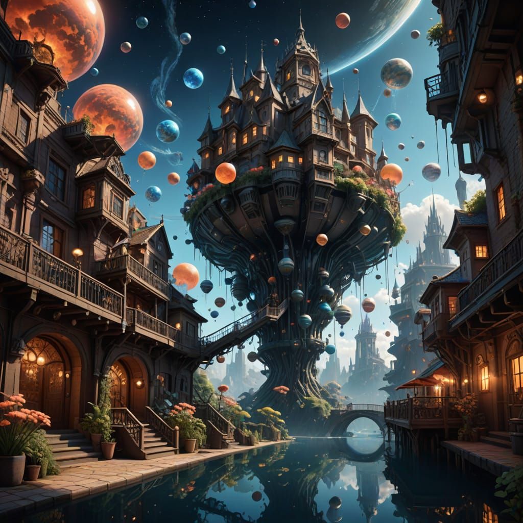 Cosmic Carnival of Impossible Worlds in Hyperrealistic Style