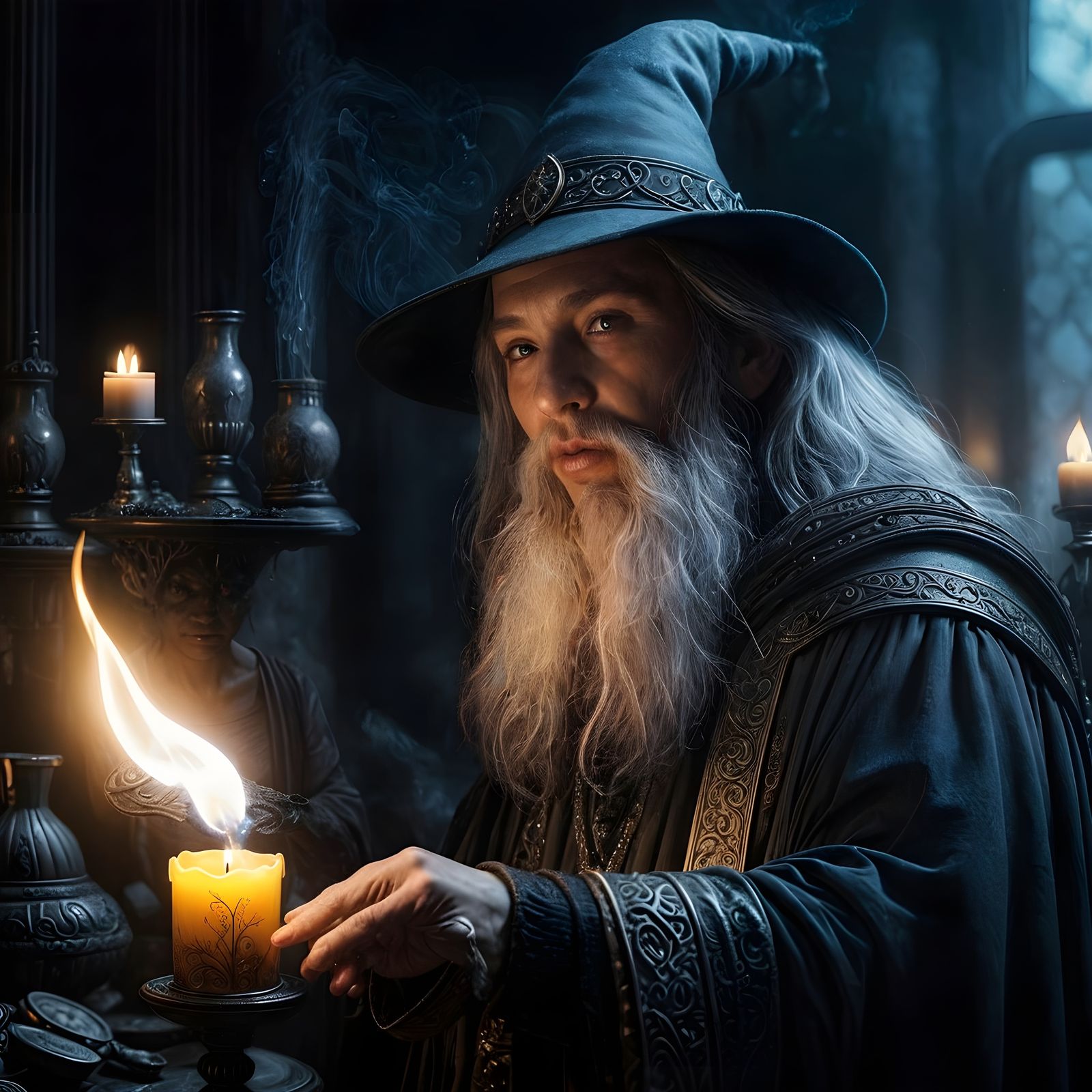 Mystical Wizard Holds a Flickering Candle in an Ornate Holde...