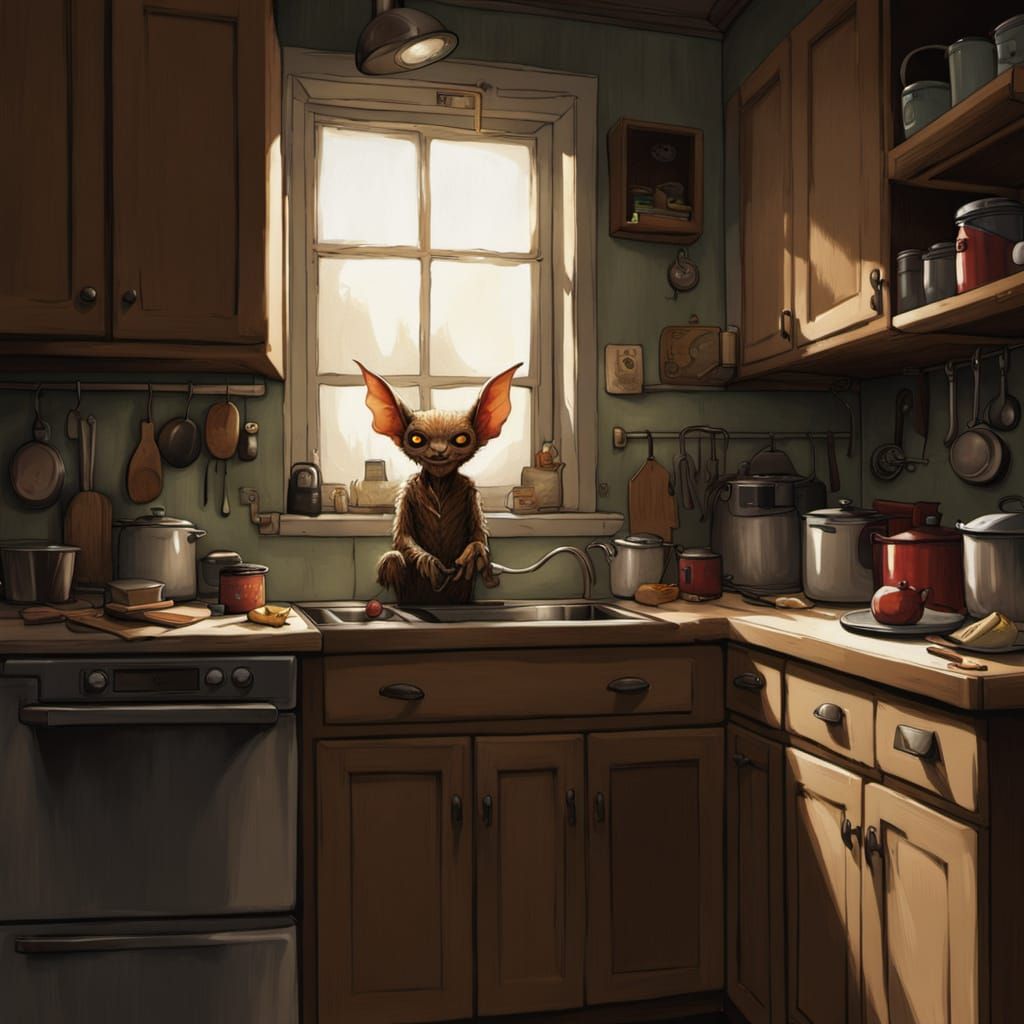 Sinister Imp in a Dark Kitchen Scene