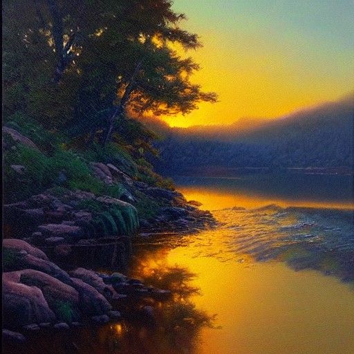 Golden Waterfall Sunrise as Oil Painting