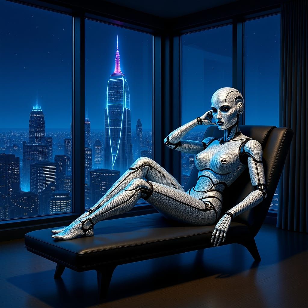 Diamond Robot Reclining in Futuristic Penthouse Suite