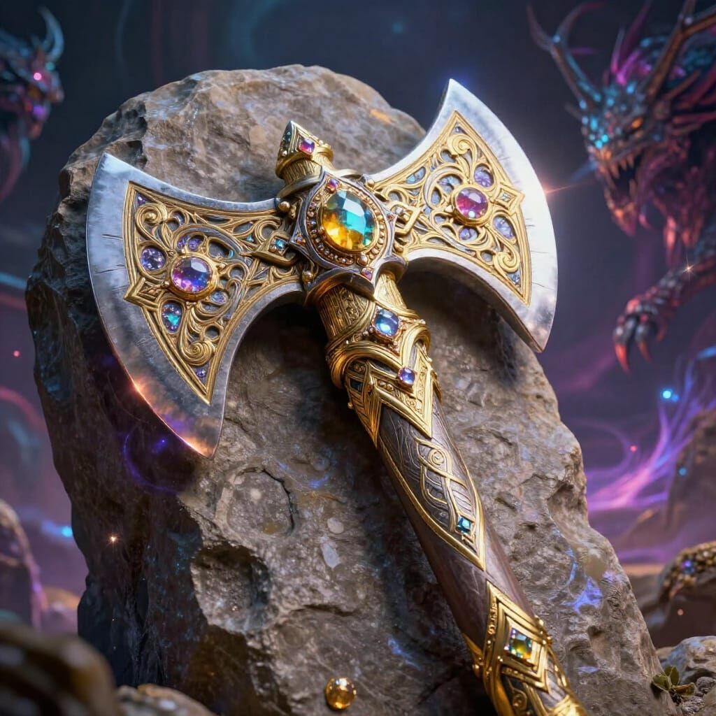 Ornate Axe Embedded in Stone With Cosmic Energy