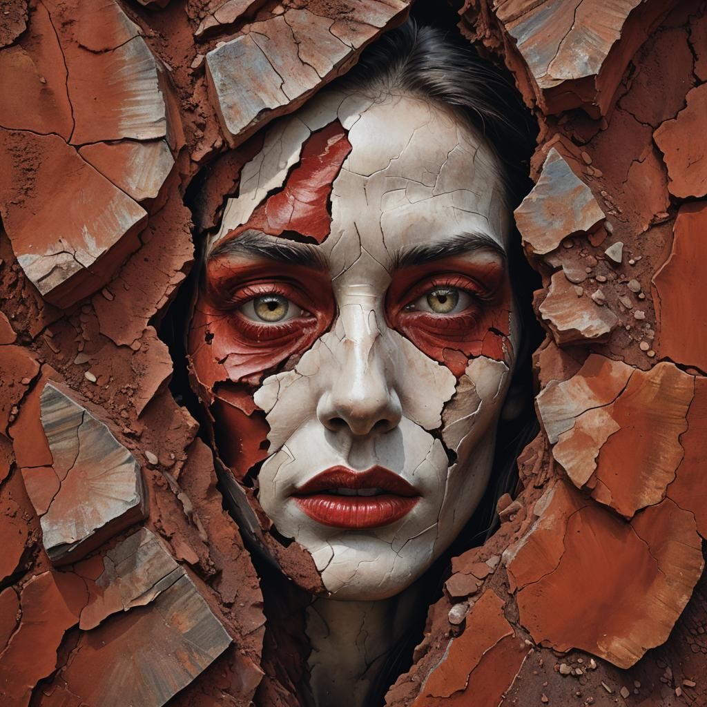 Surreal Face Eroding into Landscape, Earth-like Globe