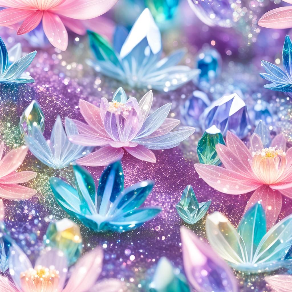 Glittering Crystal Flowers in Lush Meadow
