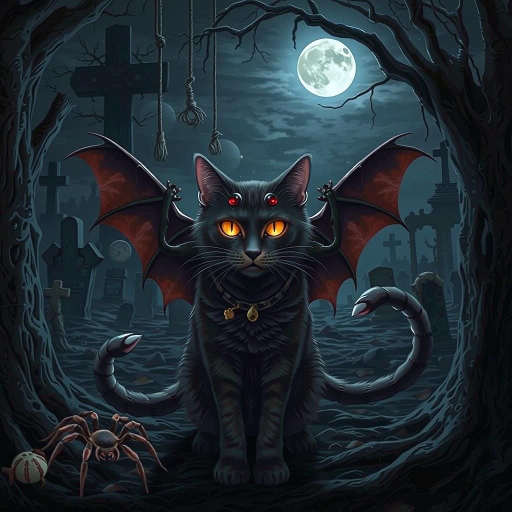 Demonic Cat with Scorpion Tails in Cemetery