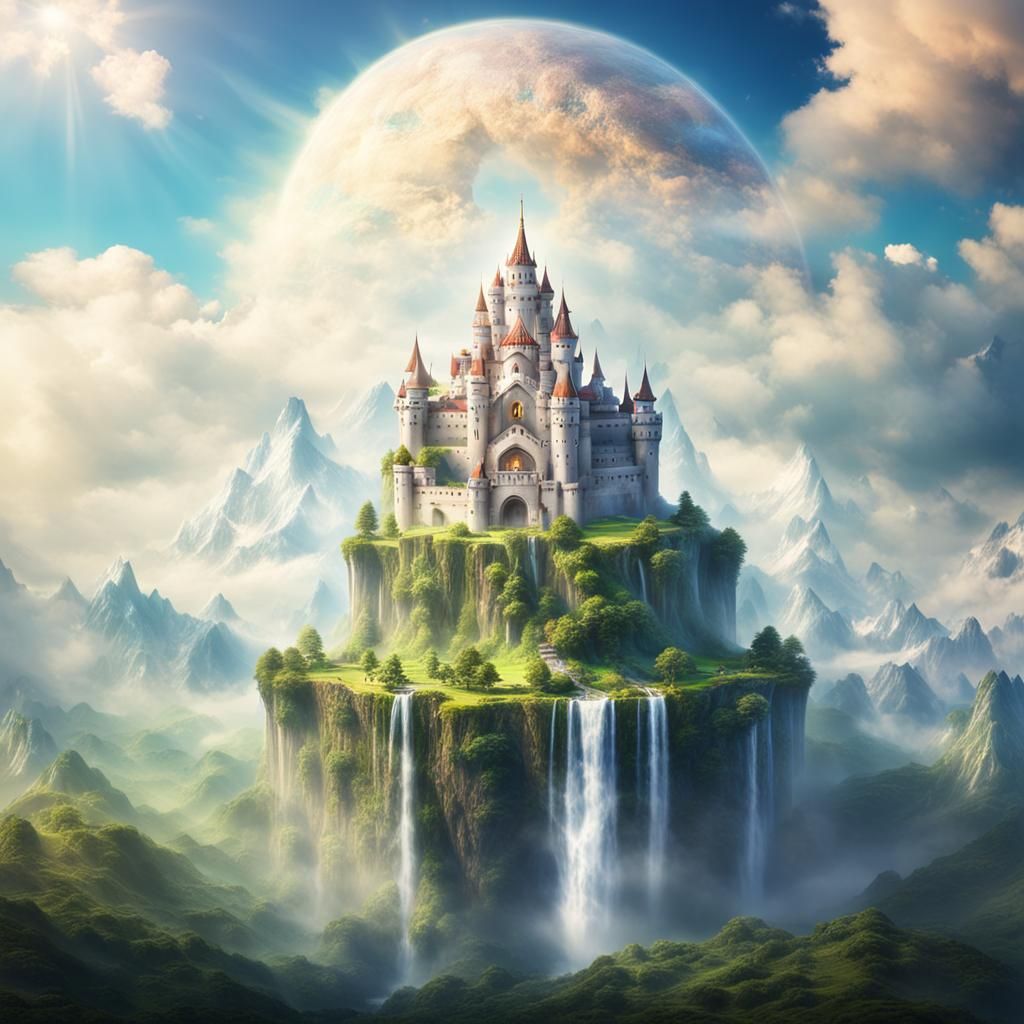 Floating Island Castle with Waterfall in Sunlight