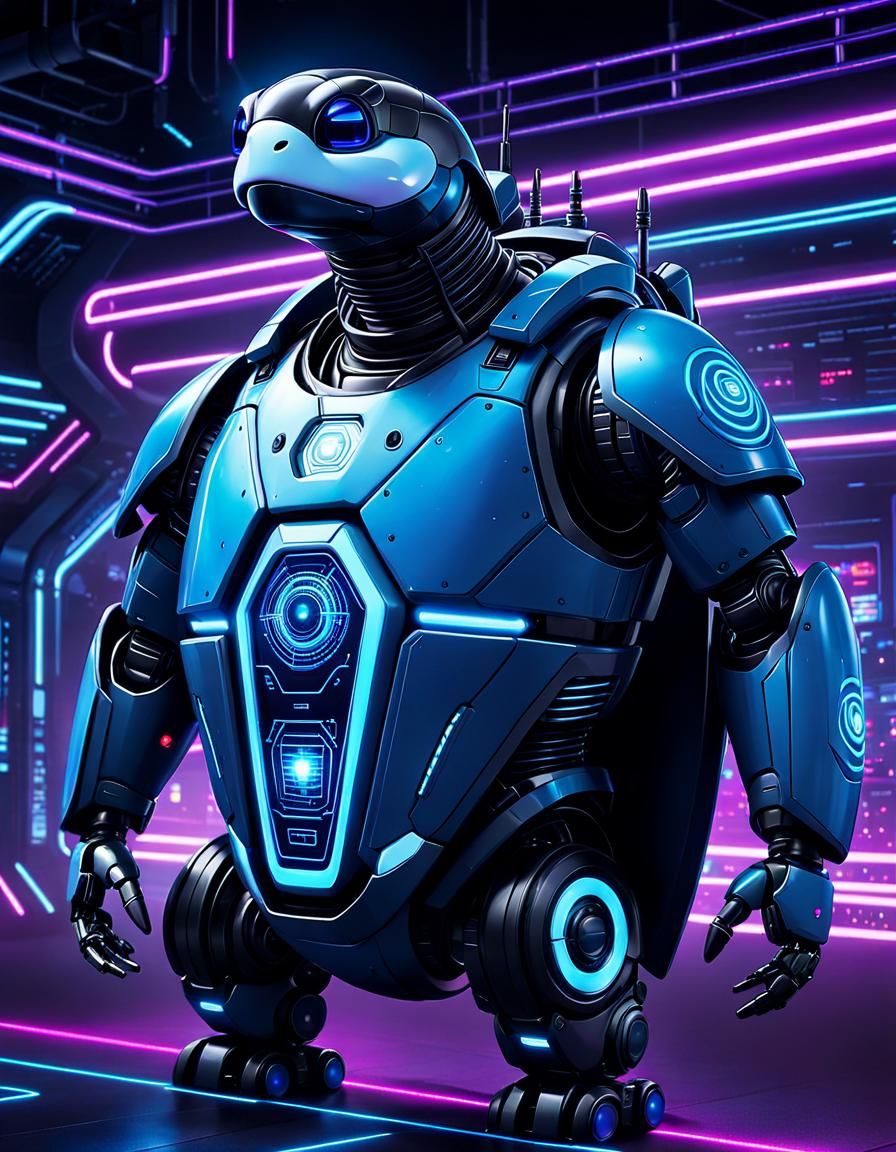 Robotic Techno Turtle Wizard in Synthwave Neon Style