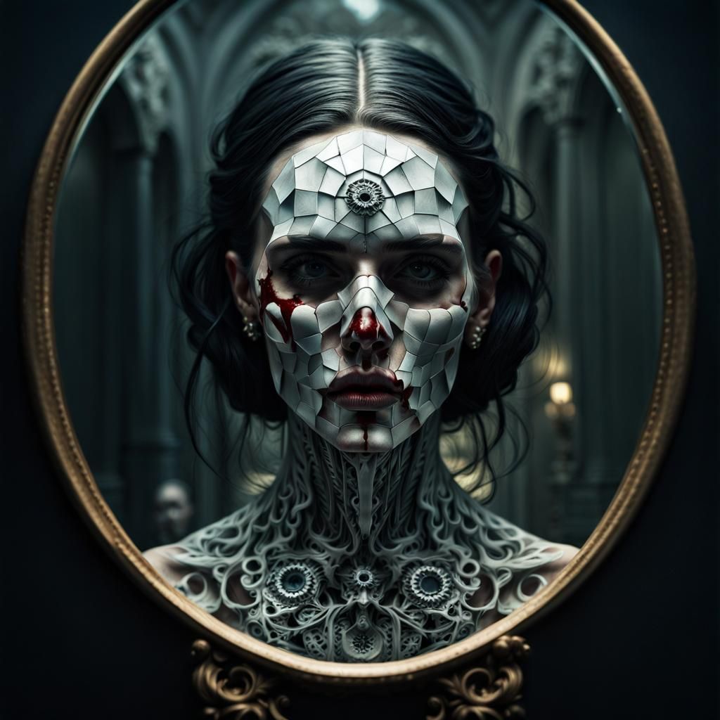 Translucent Woman Surrounded by Mirrors in Hyperrealistic St...