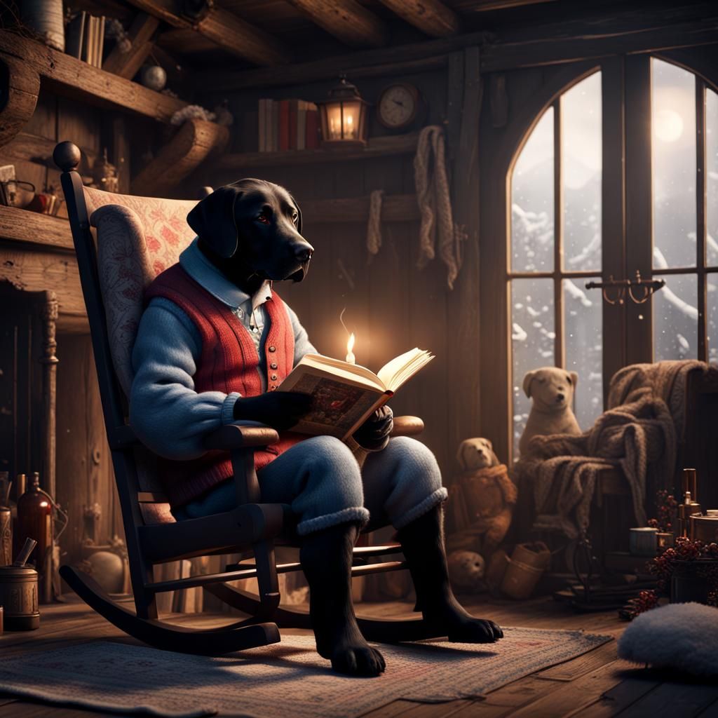 Labrador in Cottage Reading a Book: Detailed Matte Painting