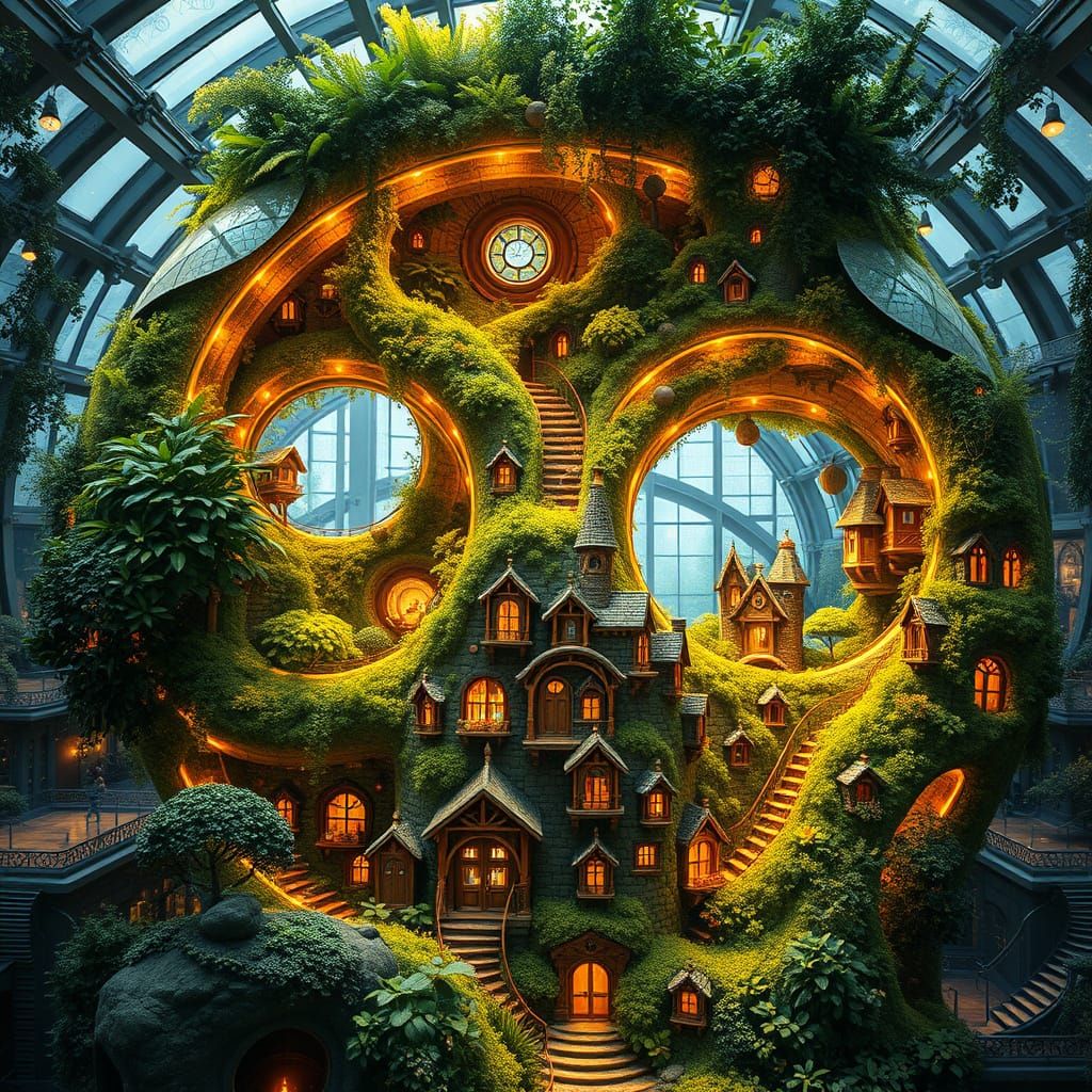 Cottages inside a giant luminous glass terrarium.