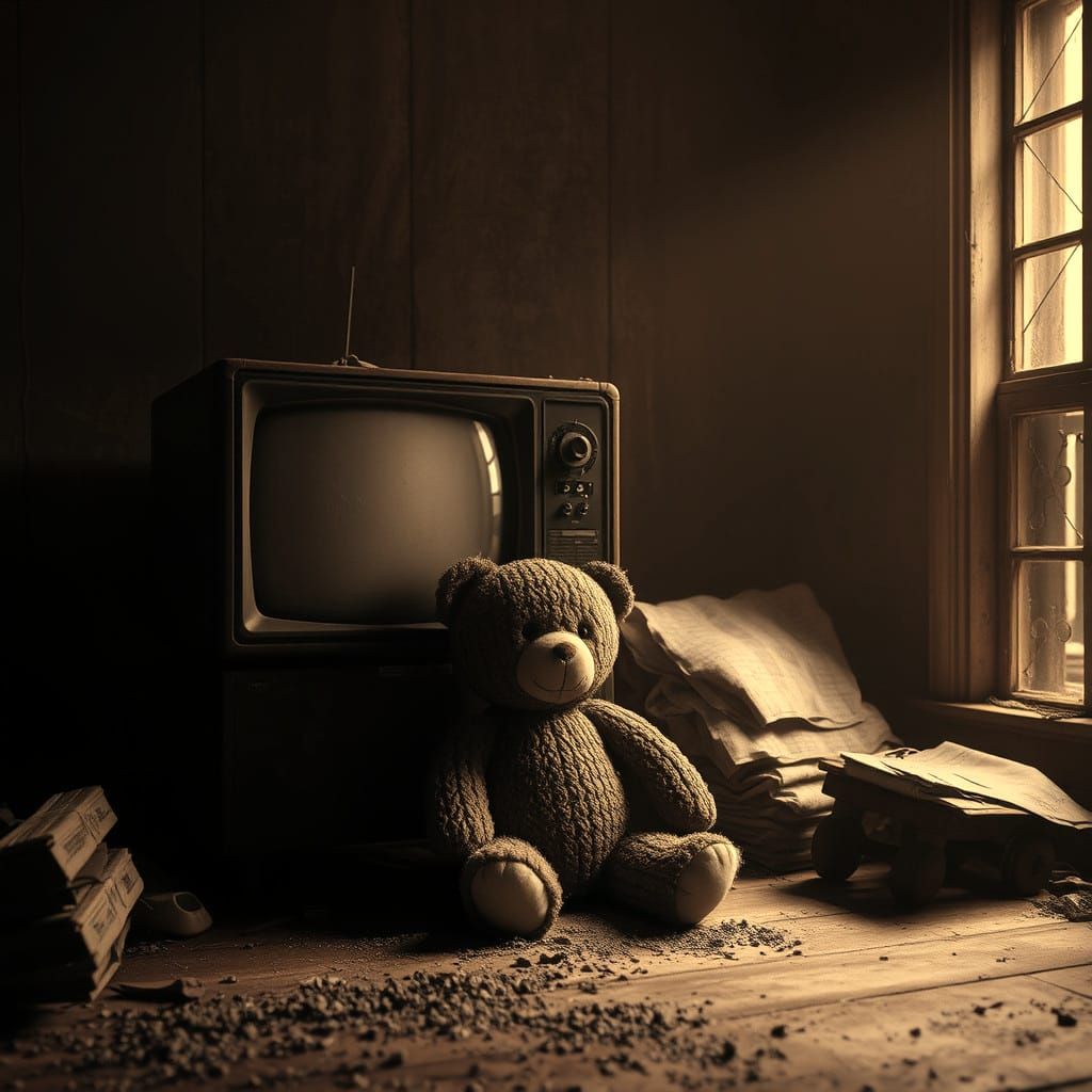 Eerie Vintage Photo of Singed Teddy Bear and TV