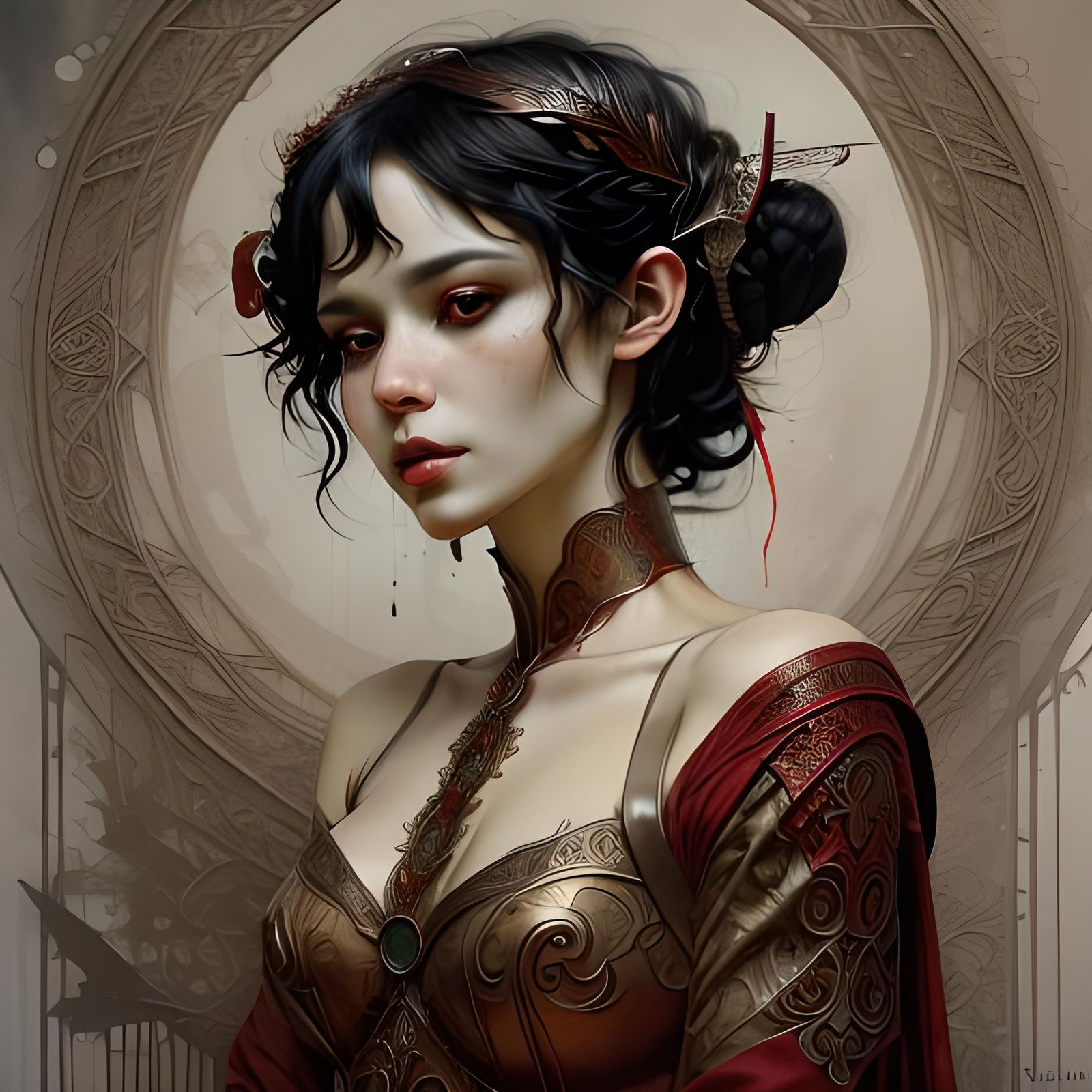 Elegant Elf Woman with Antlers in Inky Portrait