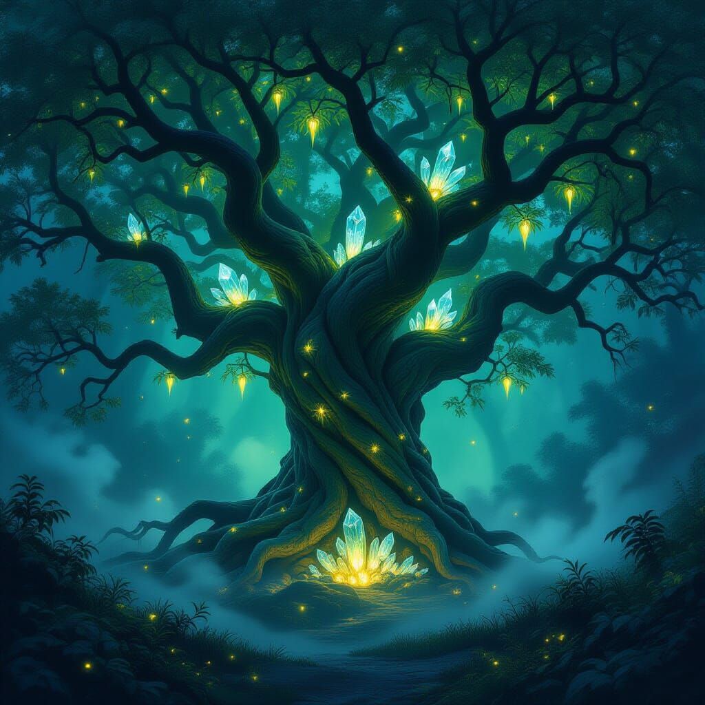 Mystical Tree with Bioluminescent Leaves and Crystal Roots