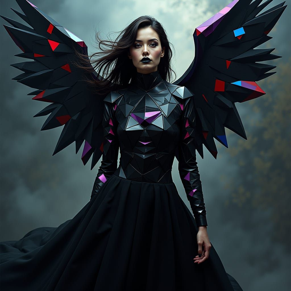 Cubist Goth Woman with Geometric Wings