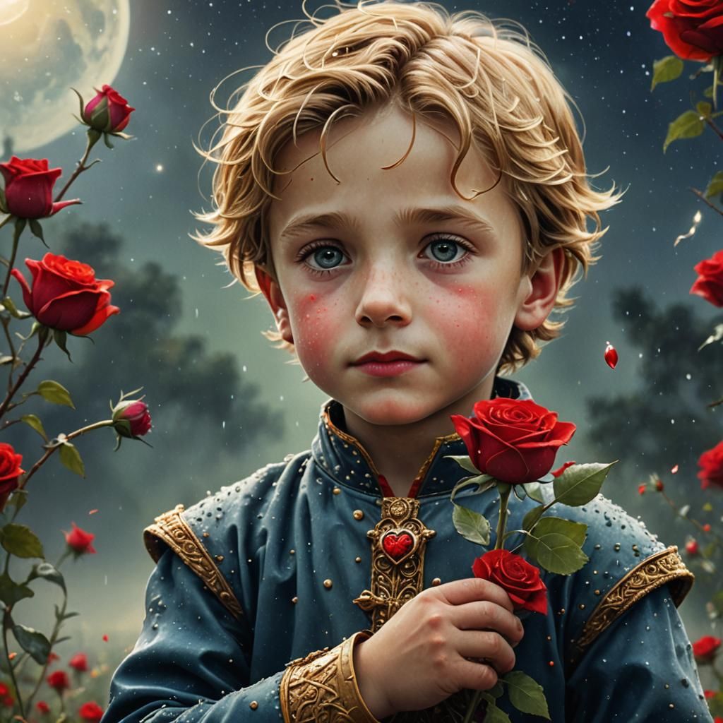 Little Prince Portrait with Rose and Fox