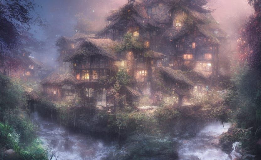 Charming Village with Glowing Lights, Digital Rendering
